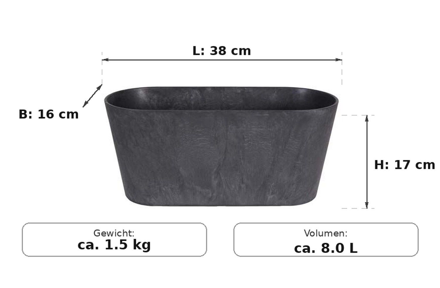 Maßbild: Claire Balkonkasten Schwarz, 38 cm lang, 16 cm breit, 17 cm hoch