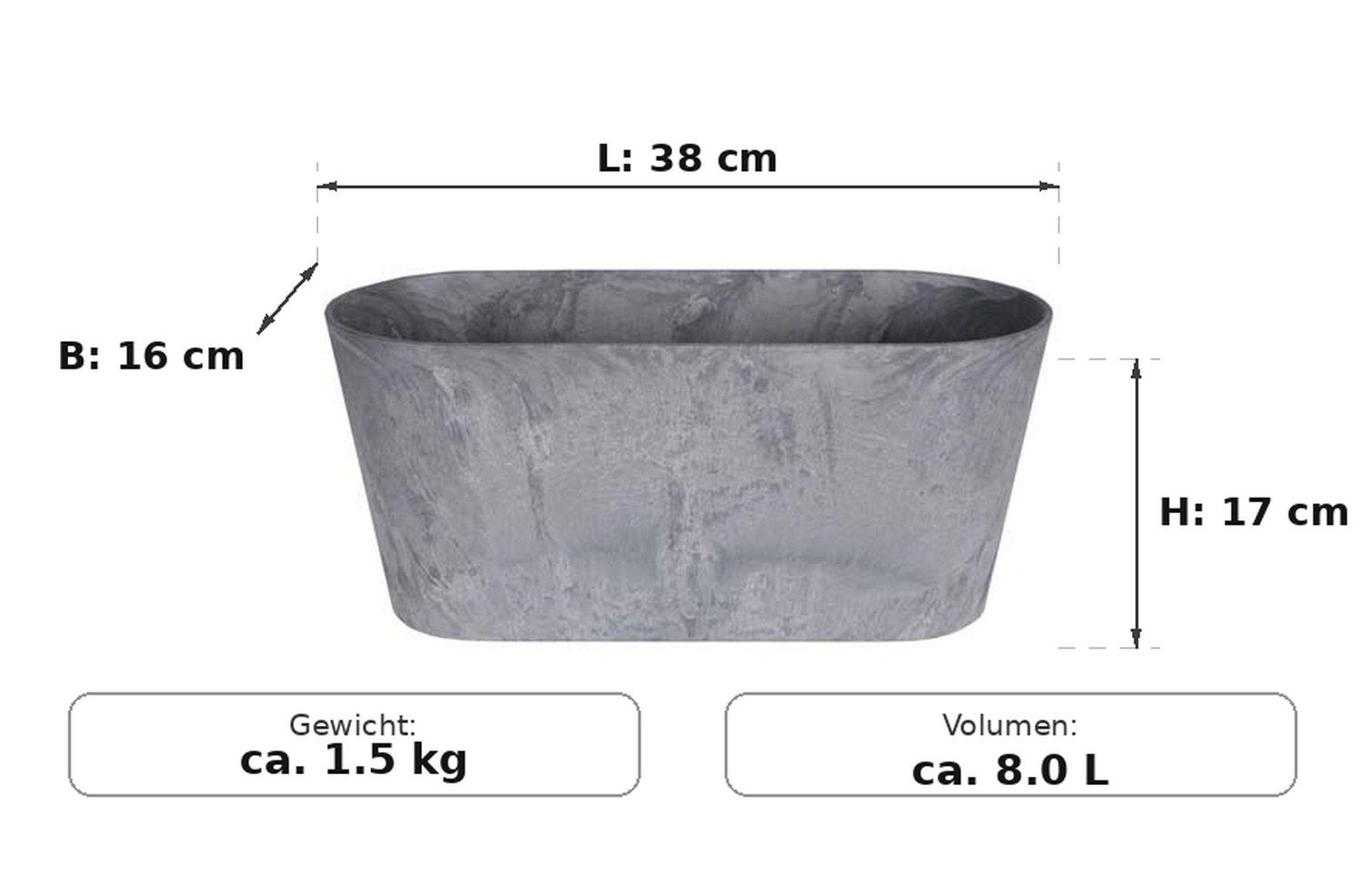 Ma&szlig;bild: Claire Balkonkasten Grau, 38 cm lang, 16 cm breit, 17 cm hoch