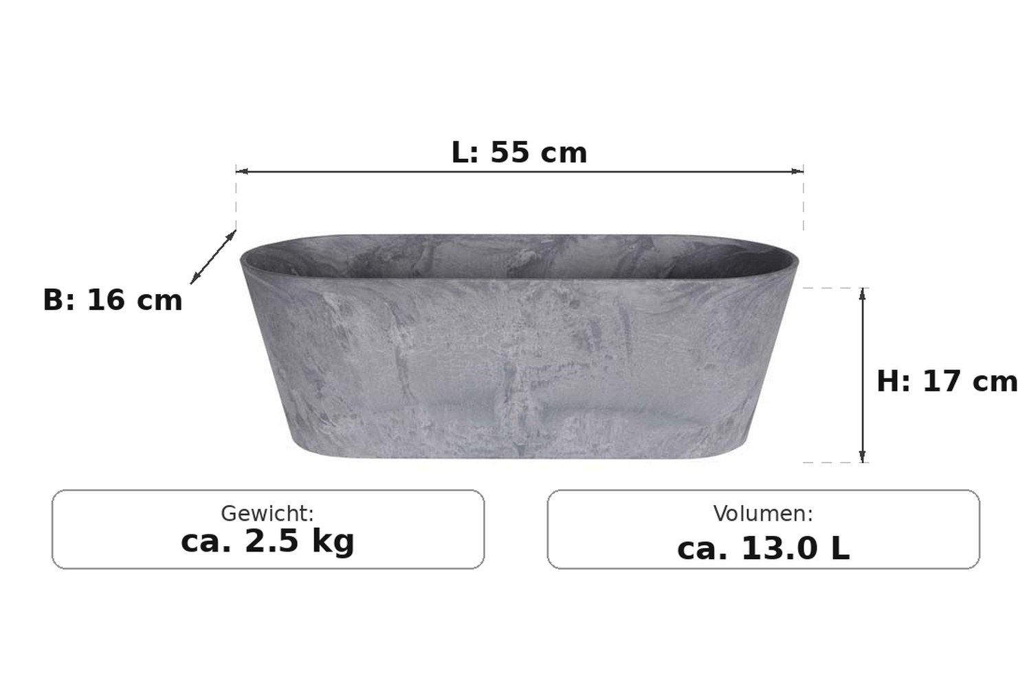 Ma&szlig;bild: Claire Balkonkasten Grau, 55 cm lang, 16 cm breit, 17 cm hoch