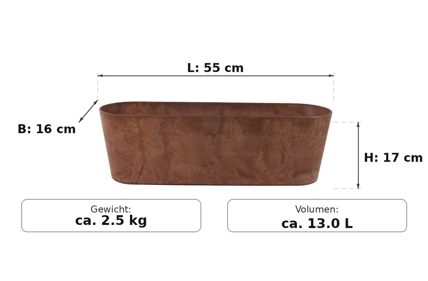 Ma&szlig;bild: Claire Balkonkasten Braun, 55 cm lang, 16 cm breit, 17 cm hoch