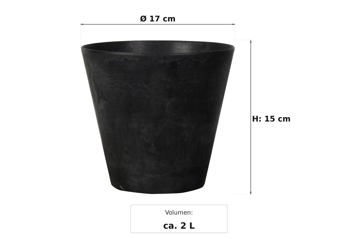 Maßbild: Claire Pflanztopf Schwarz, Ø 17 cm, 15 cm hoch