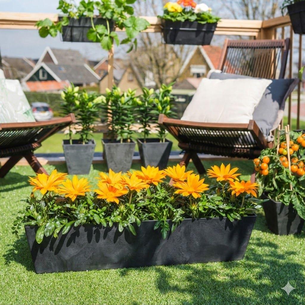 Artstone Ella Balkonkasten Schwarz 74 cm – bepflanztes Beispiel