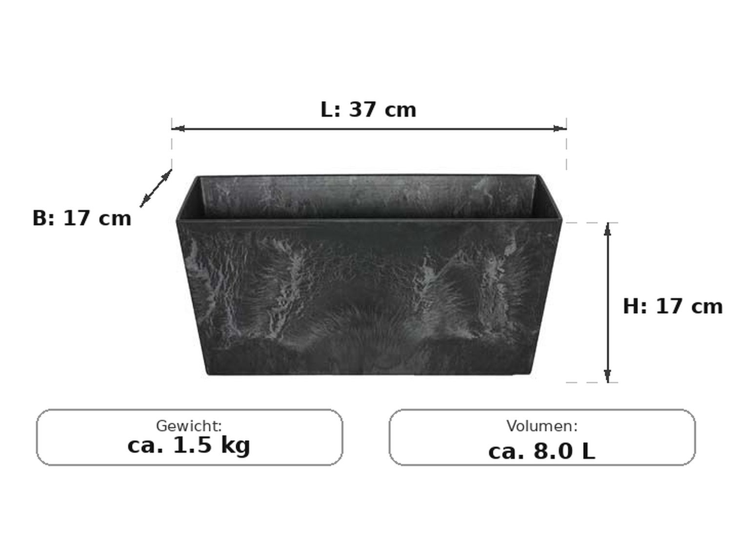 Maßzeichnung Ella Schwarz: 37 × 17 × 17 cm (L × B × H)