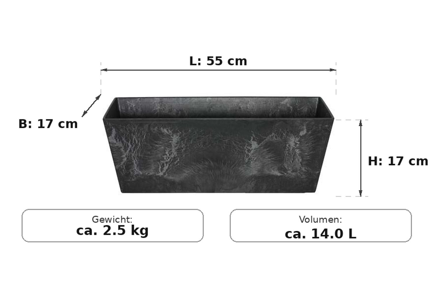 Maßzeichnung Ella Schwarz: 55 × 17 × 17 cm (L × B × H)