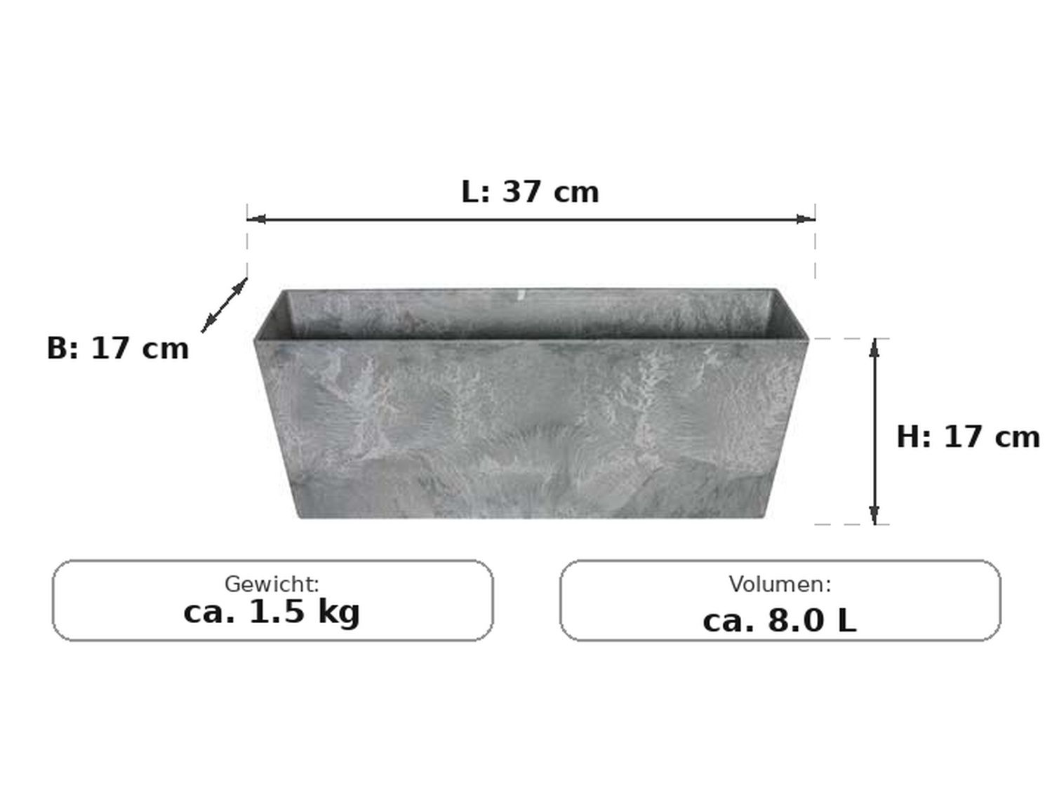 Maßzeichnung Ella Grau: 37 × 17 × 17 cm (L × B × H)