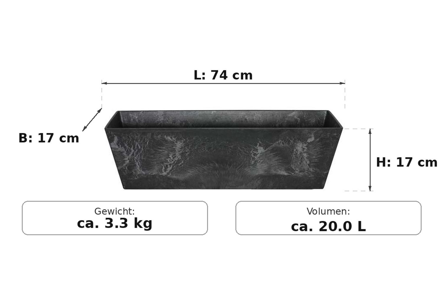 Maßzeichnung Ella Schwarz: 74 × 17 × 17 cm (L × B × H)
