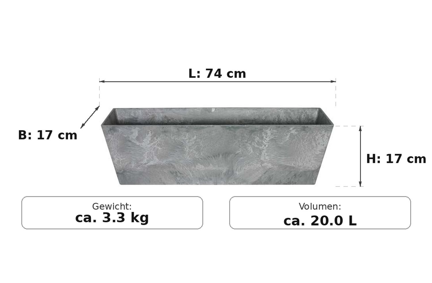 Maßzeichnung Ella Grau: 74 × 17 × 17 cm (L × B × H)