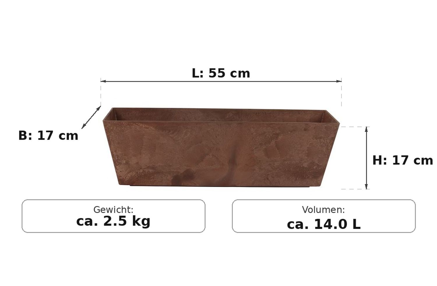 Maßbild: Ella Balkonkasten Braun, 55 cm lang, 17 cm breit, 17 cm hoch