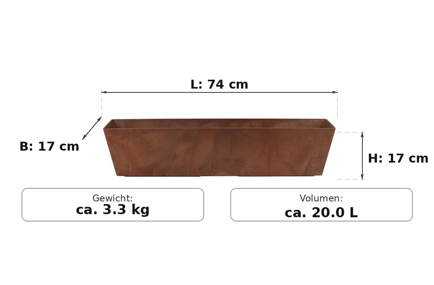 Maßzeichnung Ella Braun: 74 × 17 × 17 cm (L × B × H)