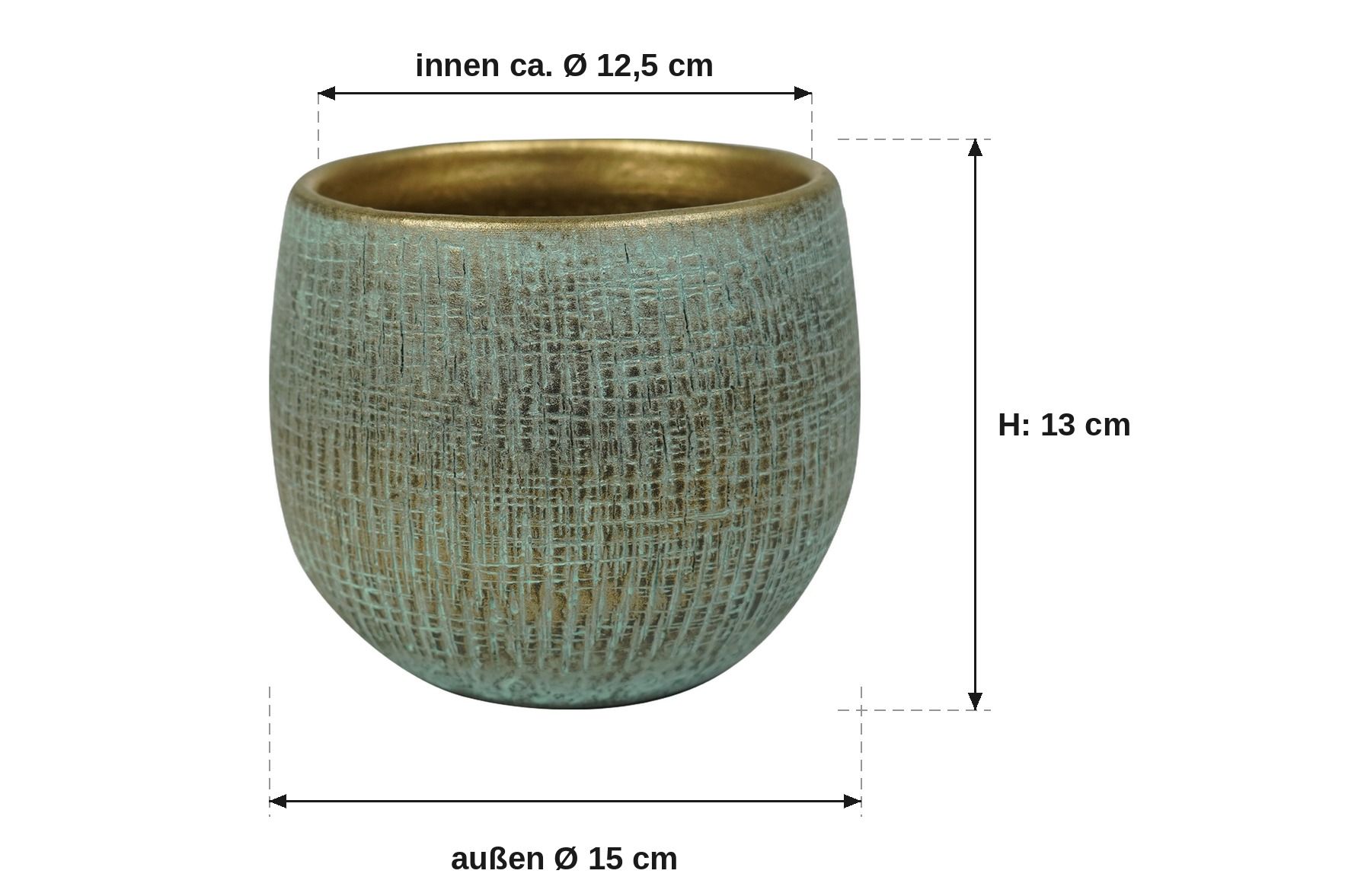 Maßbild: Ryan shiny blue, außen 15 cm, innen ca. 12,5 cm, 13 cm hoch