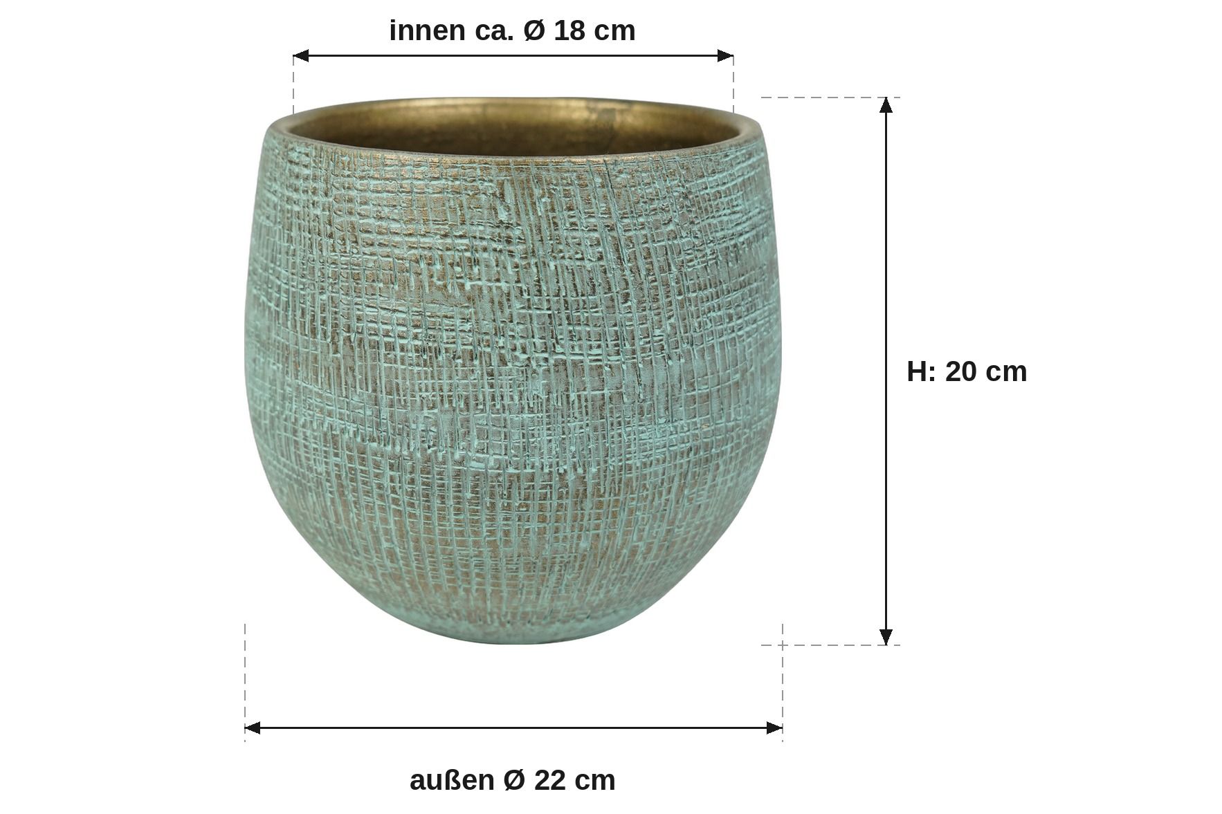 Maßbild: Ryan shiny blue, außen 22 cm, innen ca. 18 cm, 20 cm hoch