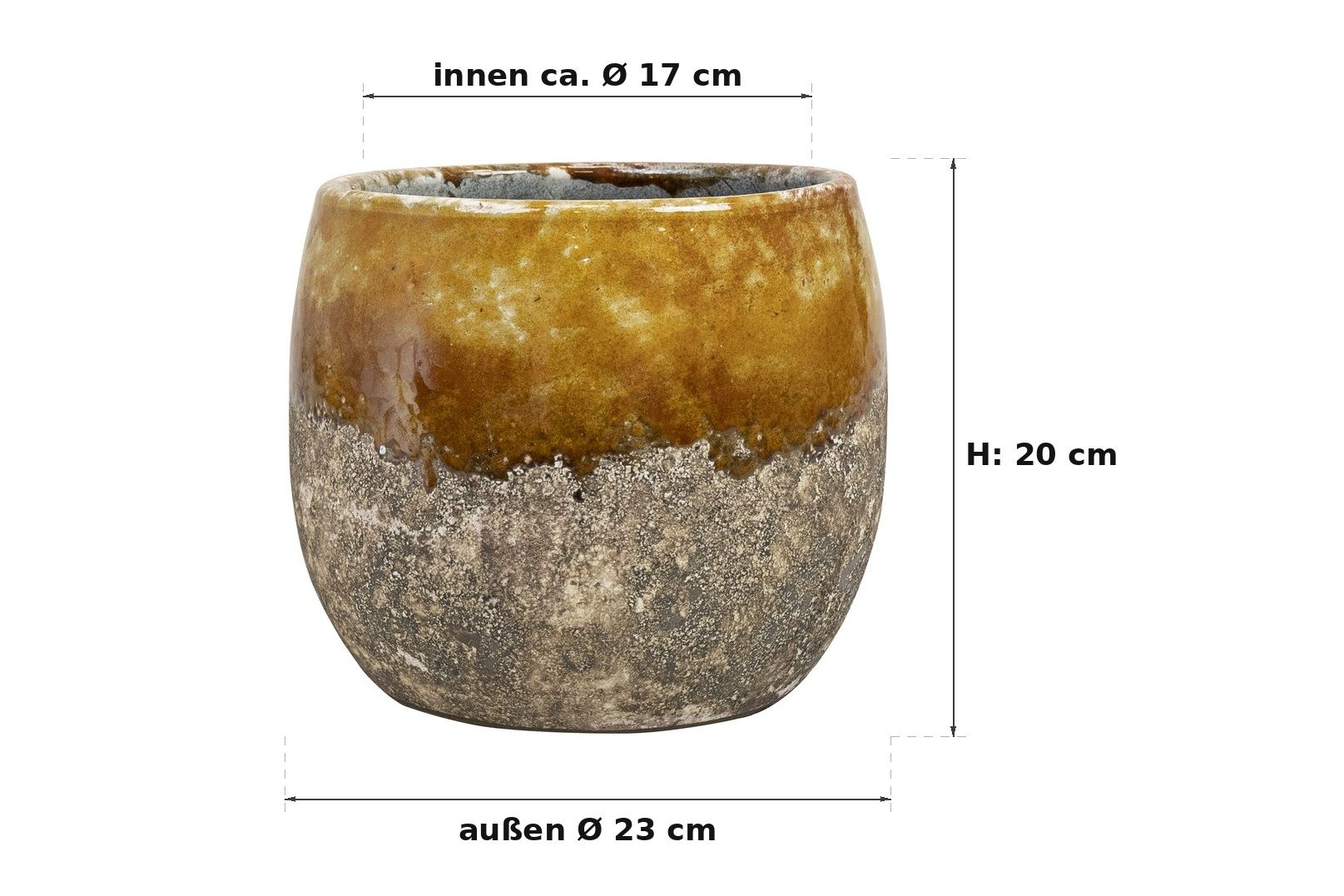Massbild: Lindy ocker, aussen 23 cm, innen ca. 17 cm, 20 cm hoch