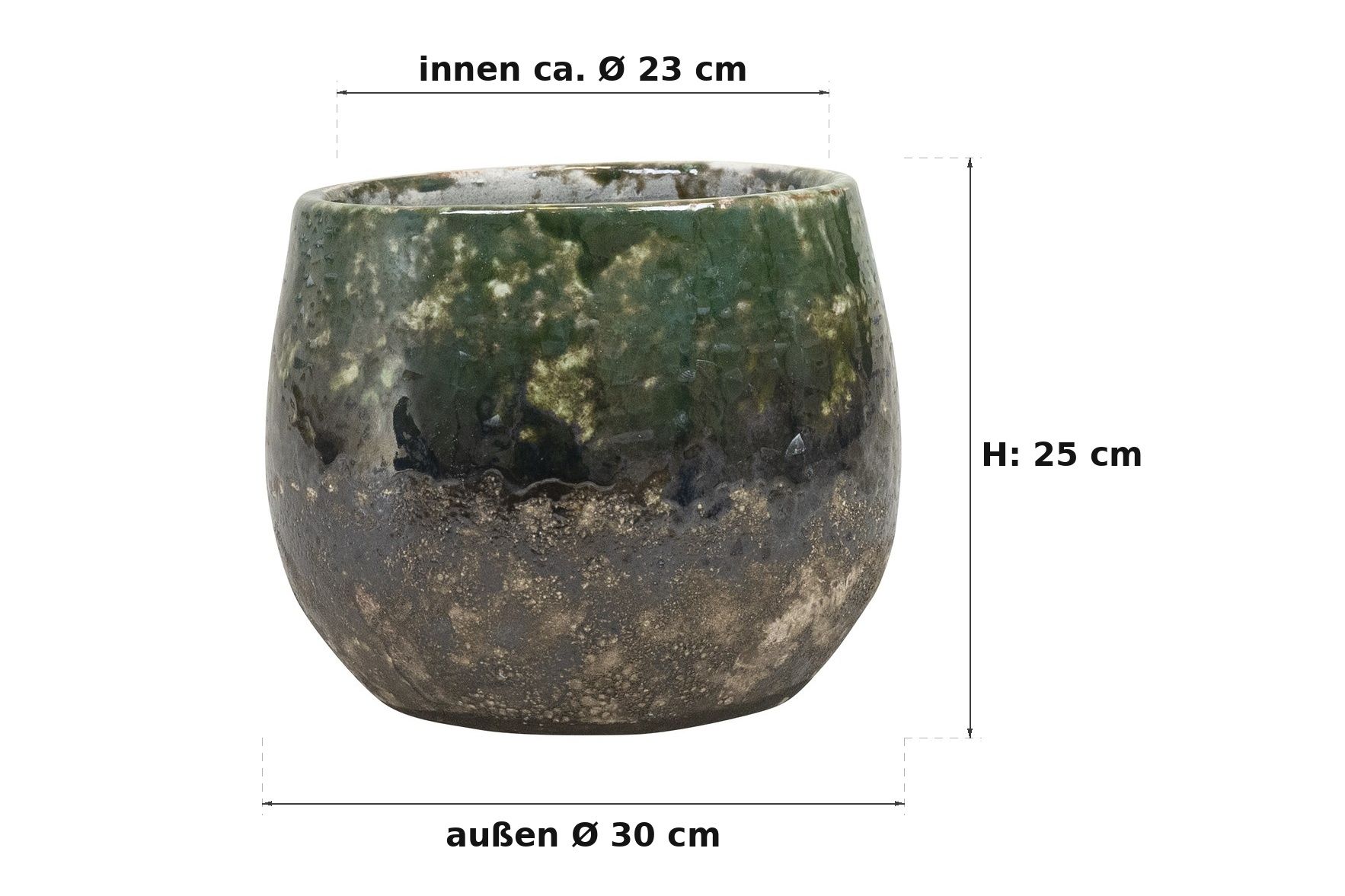 Massbild: Lindy green black, aussen 30 cm, innen ca. 23 cm, 25 cm hoch