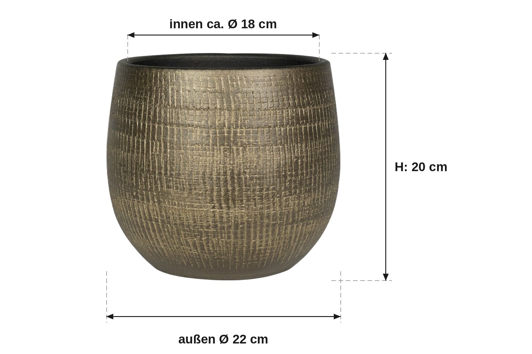 Maßbild: Ryan shiny gold, außen 22 cm, innen ca. 18 cm, 20 cm hoch