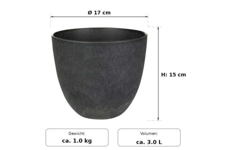 Maßbild: Artstone Bola Schwarz mit eingezeichneten Maßen - Ø 17 cm außen, 15 cm hoch
