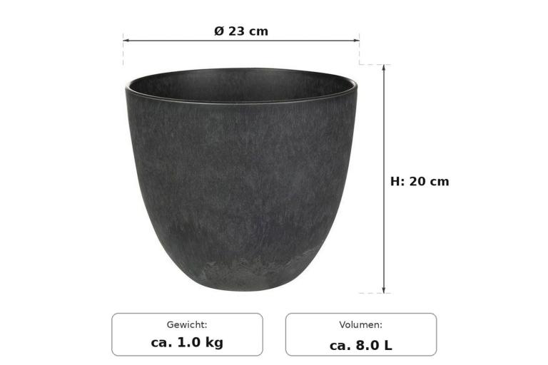 Maßbild: Artstone Bola Schwarz mit eingezeichneten Maßen - Ø 23 cm außen, 20 cm hoch
