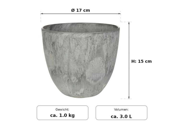 Ma&szlig;bild: Artstone Bola Grau mit eingezeichneten Ma&szlig;en - &Oslash; 17 cm au&szlig;en, 15 cm hoch