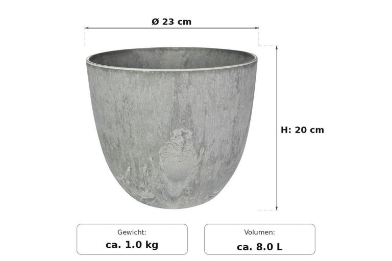 Ma&szlig;bild: Artstone Bola Grau mit eingezeichneten Ma&szlig;en - &Oslash; 23 cm au&szlig;en, 20 cm hoch