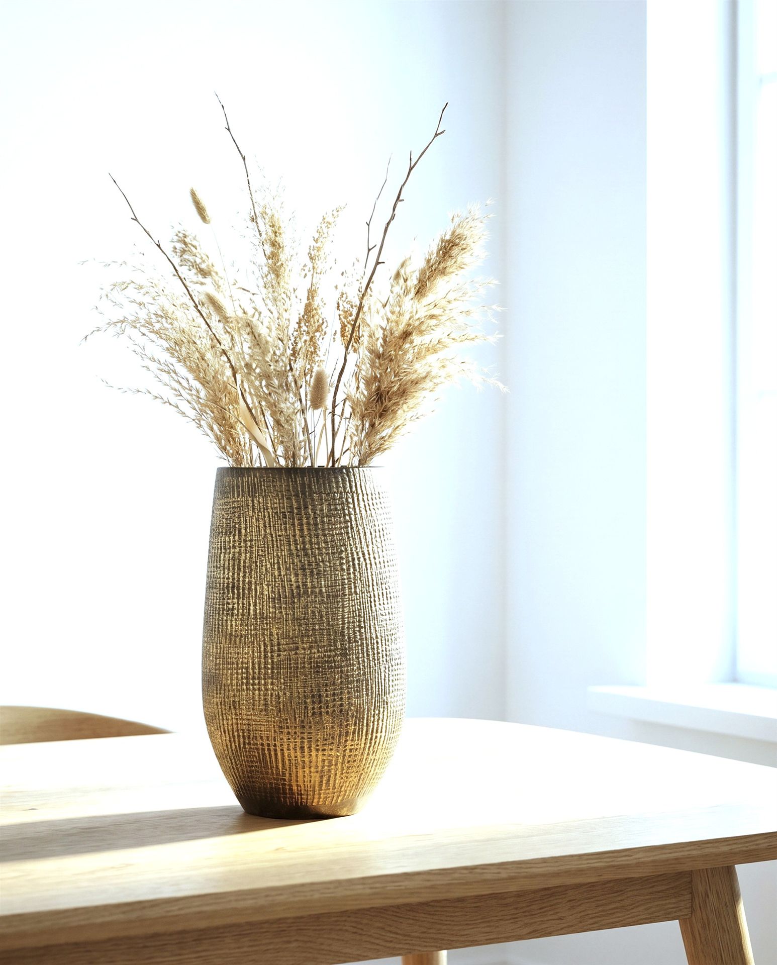 Ryan Vase shiny gold mit Trockengr&auml;sern und Zweigen auf einem Holztisch am Fenster