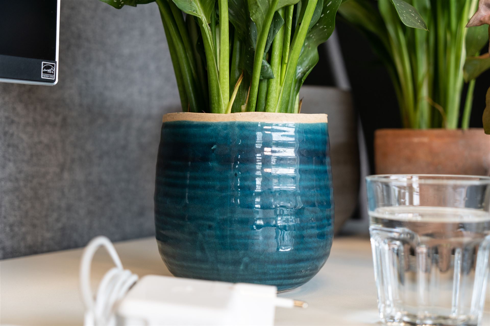 Iris Übertopf in turquoise mit einer Grünpflanze auf einem Schreibtisch