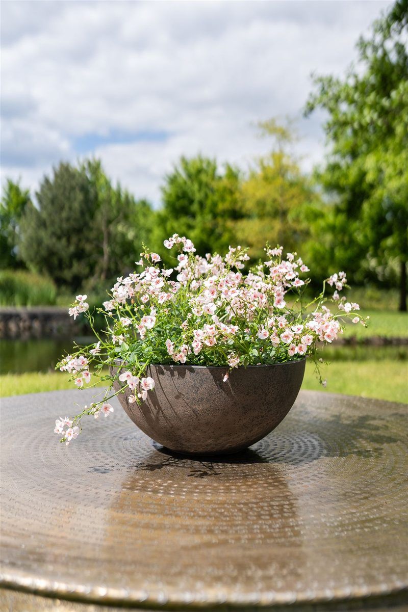 Pflanzschale Nova in Stone mit weißen Blüten auf einem runden Gartentisch, die gesprenkelte Oberfläche ist deutlich zu sehen