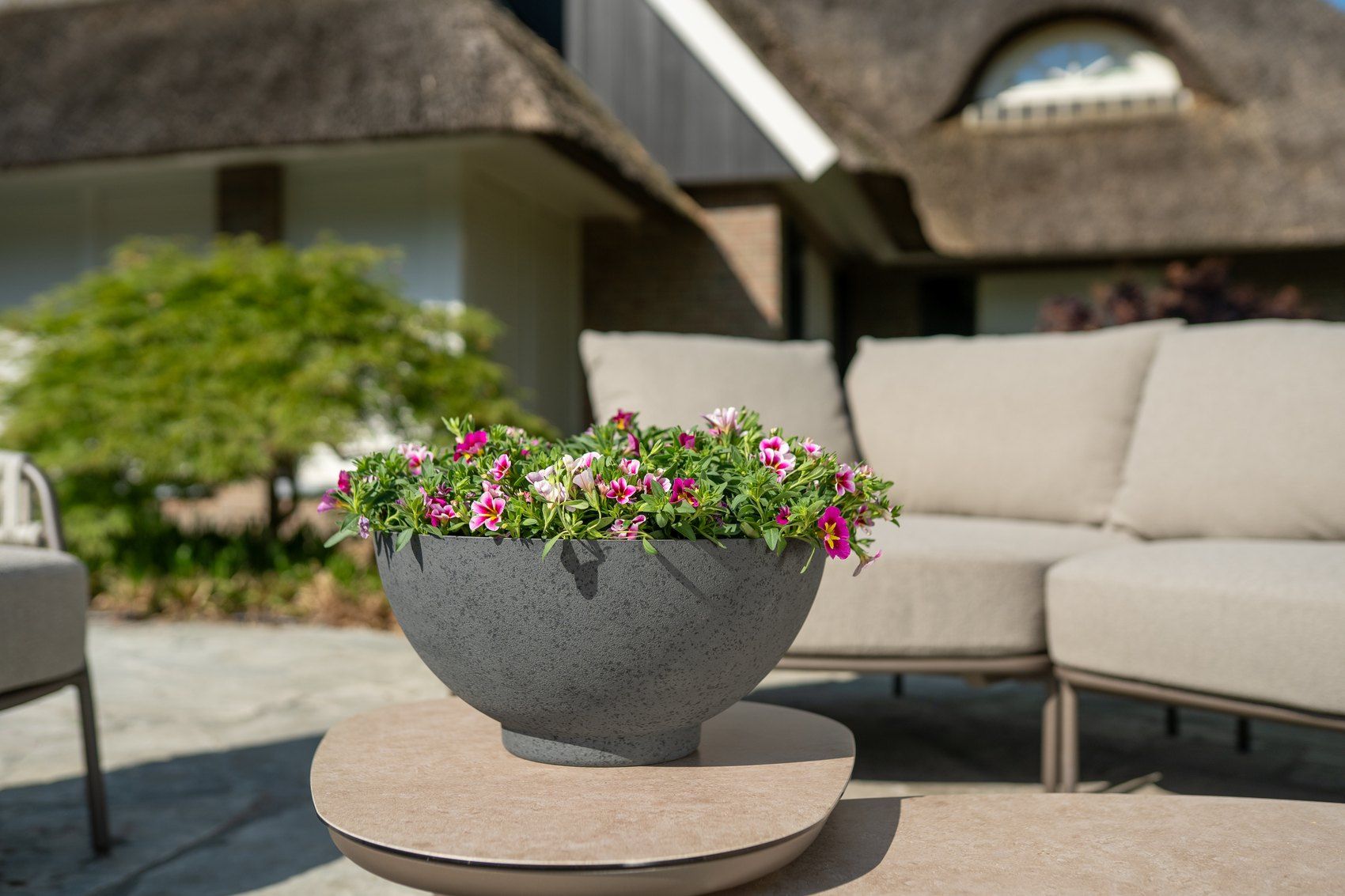 Cera-Mix-Nova-Pflanzschale in Concrete Grey, bepflanzt, auf einem niedrigen Beistelltisch vor einer Terrassen-Lounge